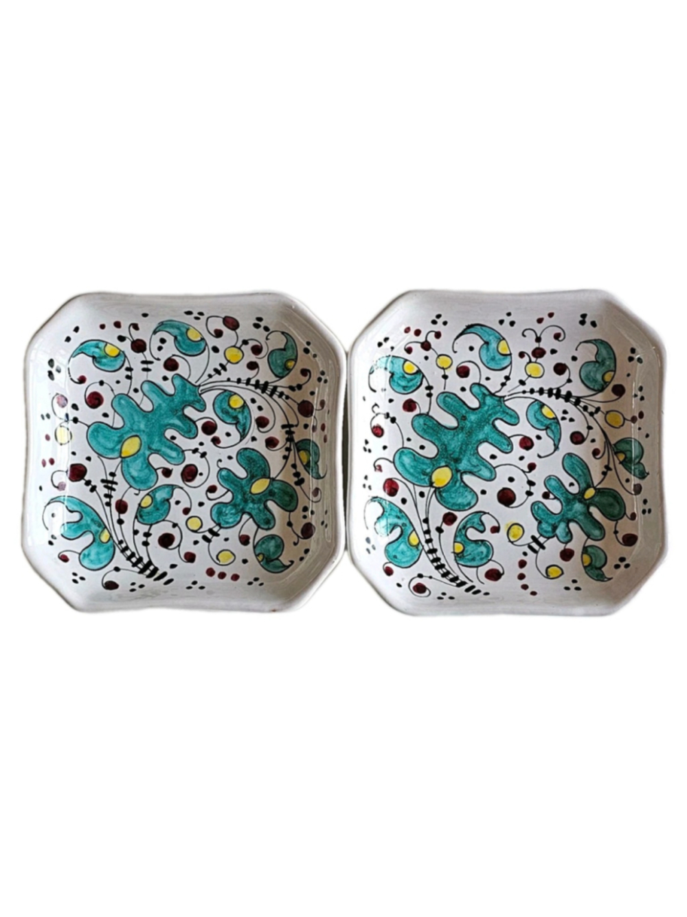 Set of 2 Vintage Italian Majolica Square Plates Hand Painted Floral Italy 6"